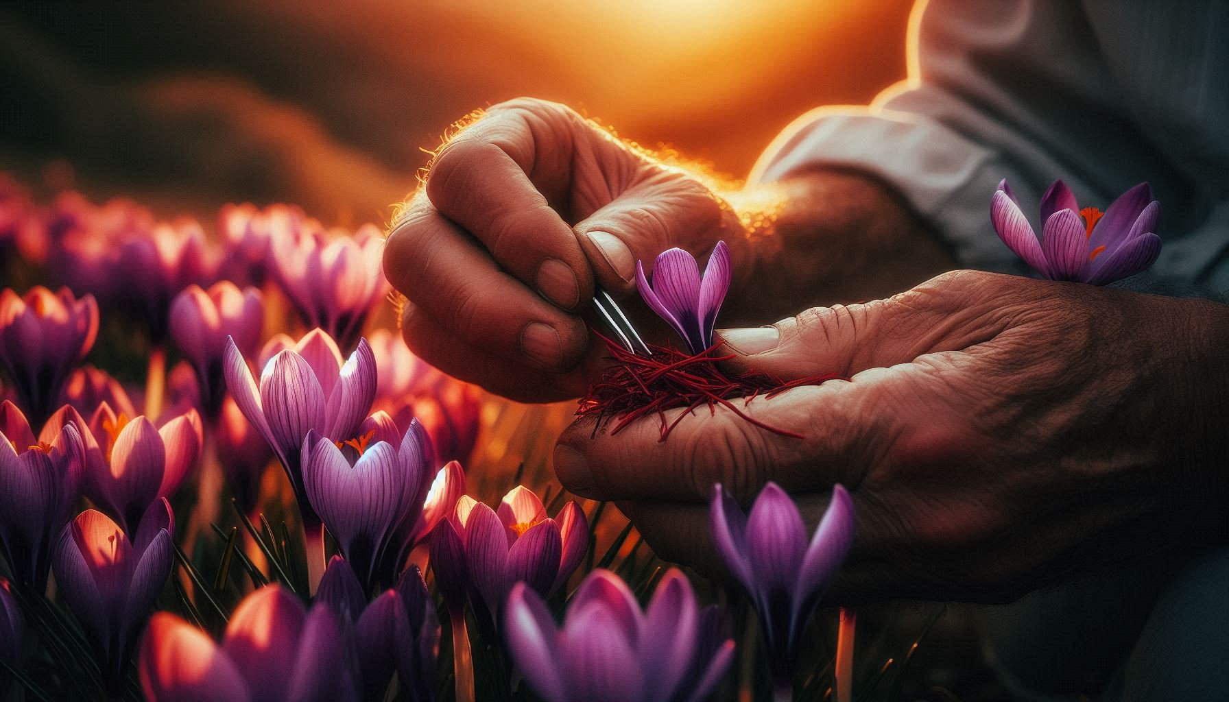 Delicate hands harvesting red saffron stigmas from purple crocus at dawn near Málaga