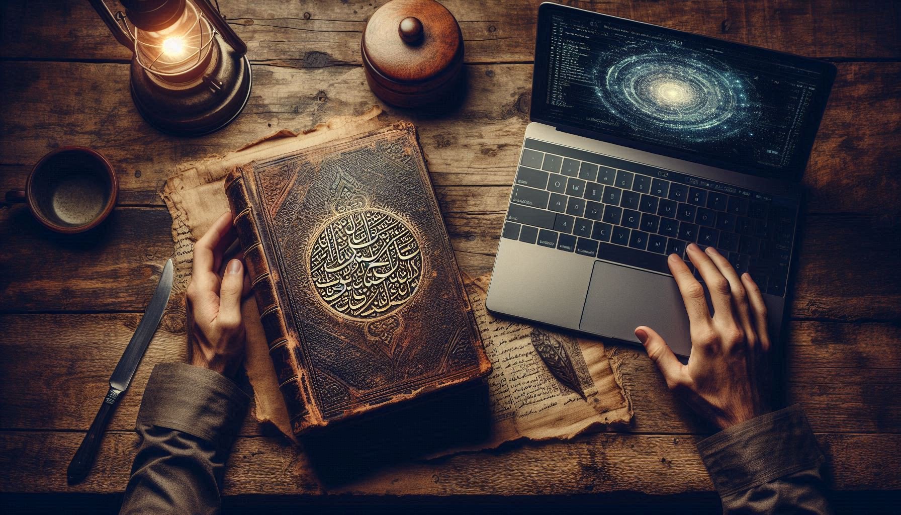 A hand holding an old, worn handwritten recipe book placed next to a modern laptop displaying an artificial intelligence interface, symbolizing family heritage preservation through technology.
