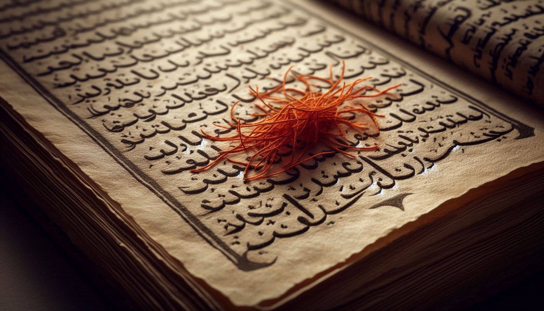 Close-up of ancient recipe book showing 'a pinch of saffron' in elegant Arabic script, demonstrating non-standardized traditional measurement