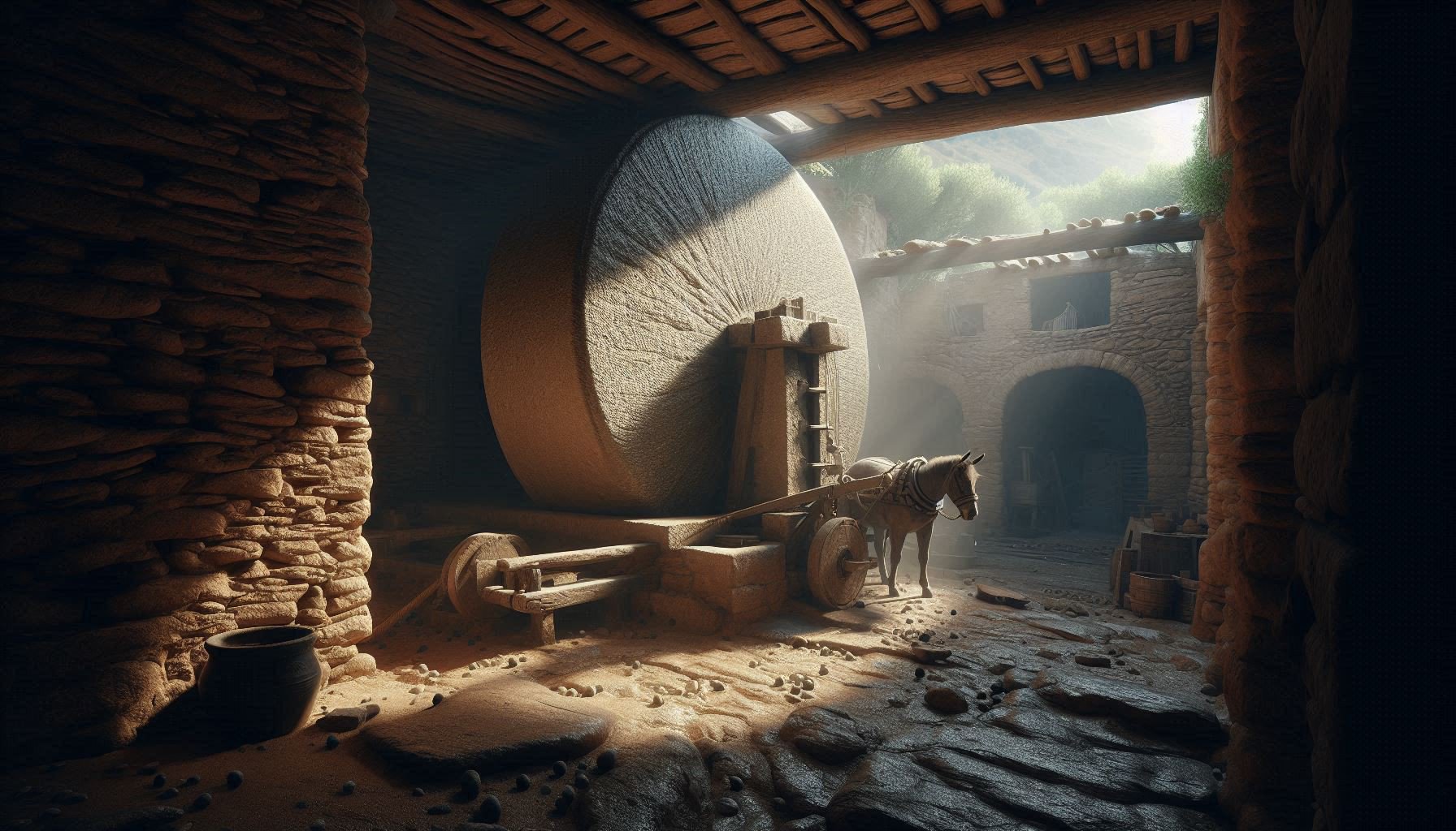 Traditional stone olive mill in Loukkos Valley with worn granite millstones operated by mule