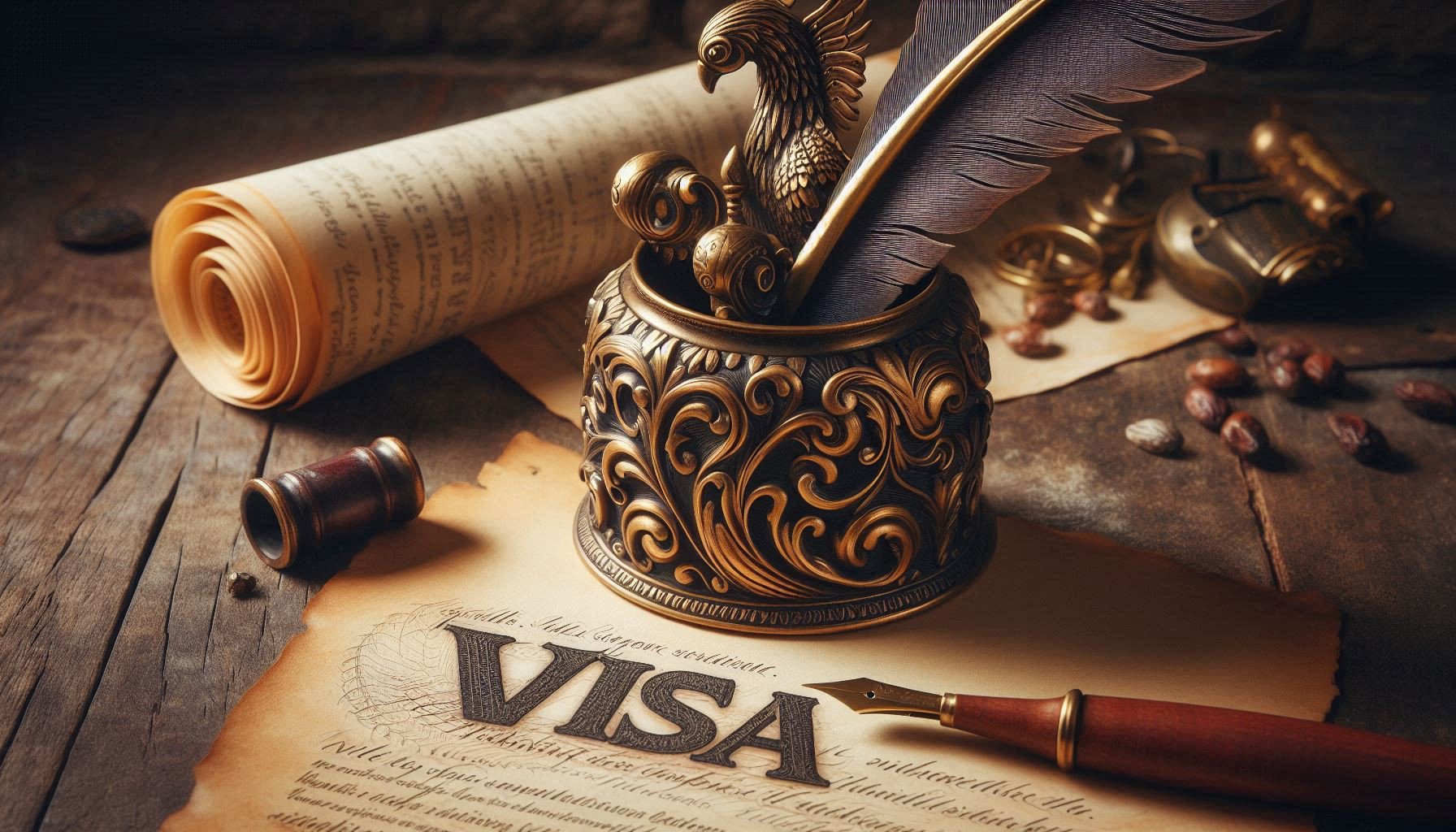 Antique Moroccan brass inkwell with visa documents emerging like scrolls - fusion of bureaucratic process and ancestral heritage