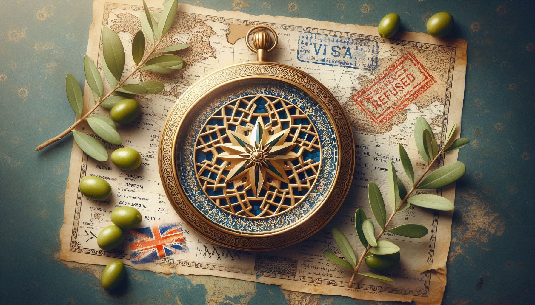 Ancient Moroccan compass with UK approved and France refused visa stamps embedded in zellige mosaic pattern surrounded by olive branches - Rooted Nomad visa alchemy