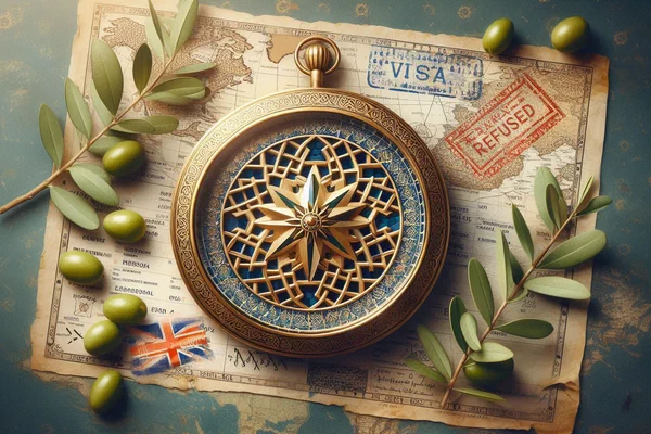 Ancient Moroccan compass with UK approved and France refused visa stamps in zellige mosaic surrounded by olive branches