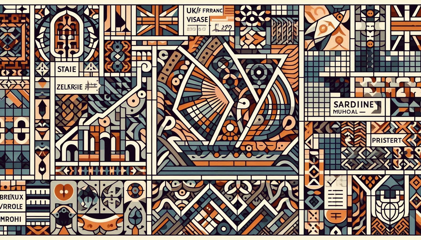 Zellige geometric blueprint made from visa stamps with labeled strategy sections: Phoenician Anchor, Zellige Narrative, Sardine Precision