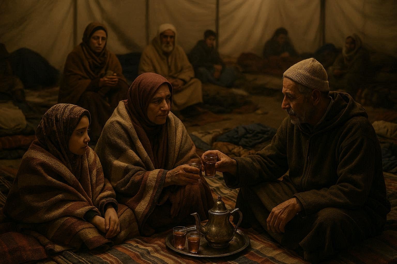 View from evacuation shelter showing temporary arrangements and community support