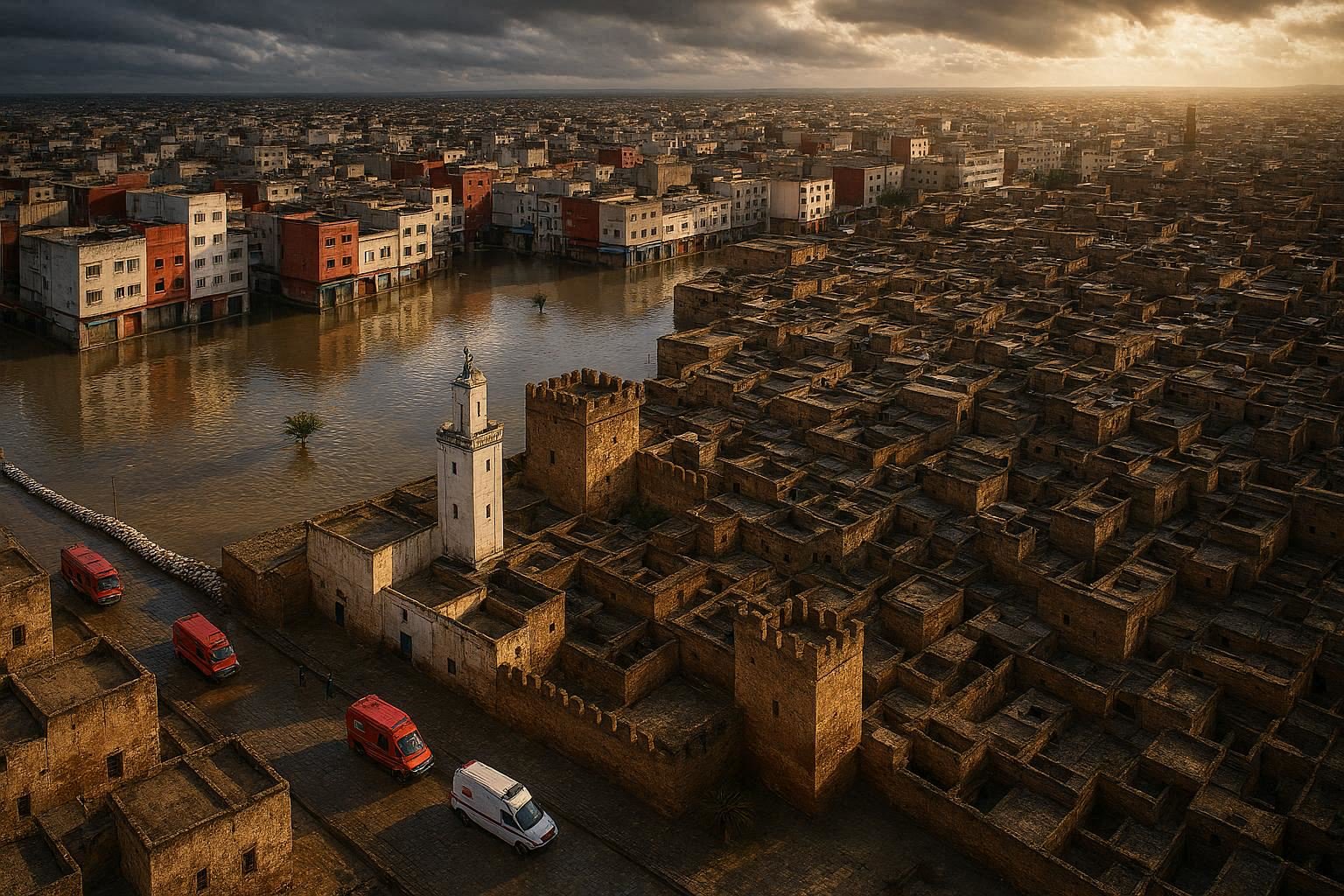 An aerial view of Ksar el Kebir showing flooded areas next to historical neighborhoods
