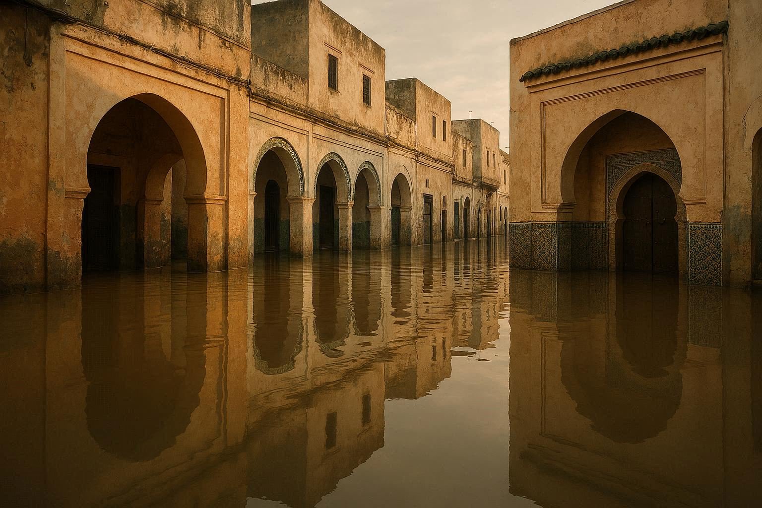 A street in Ksar el Kebir partially submerged, with water reflections on asphalt and traditional Moroccan buildings.