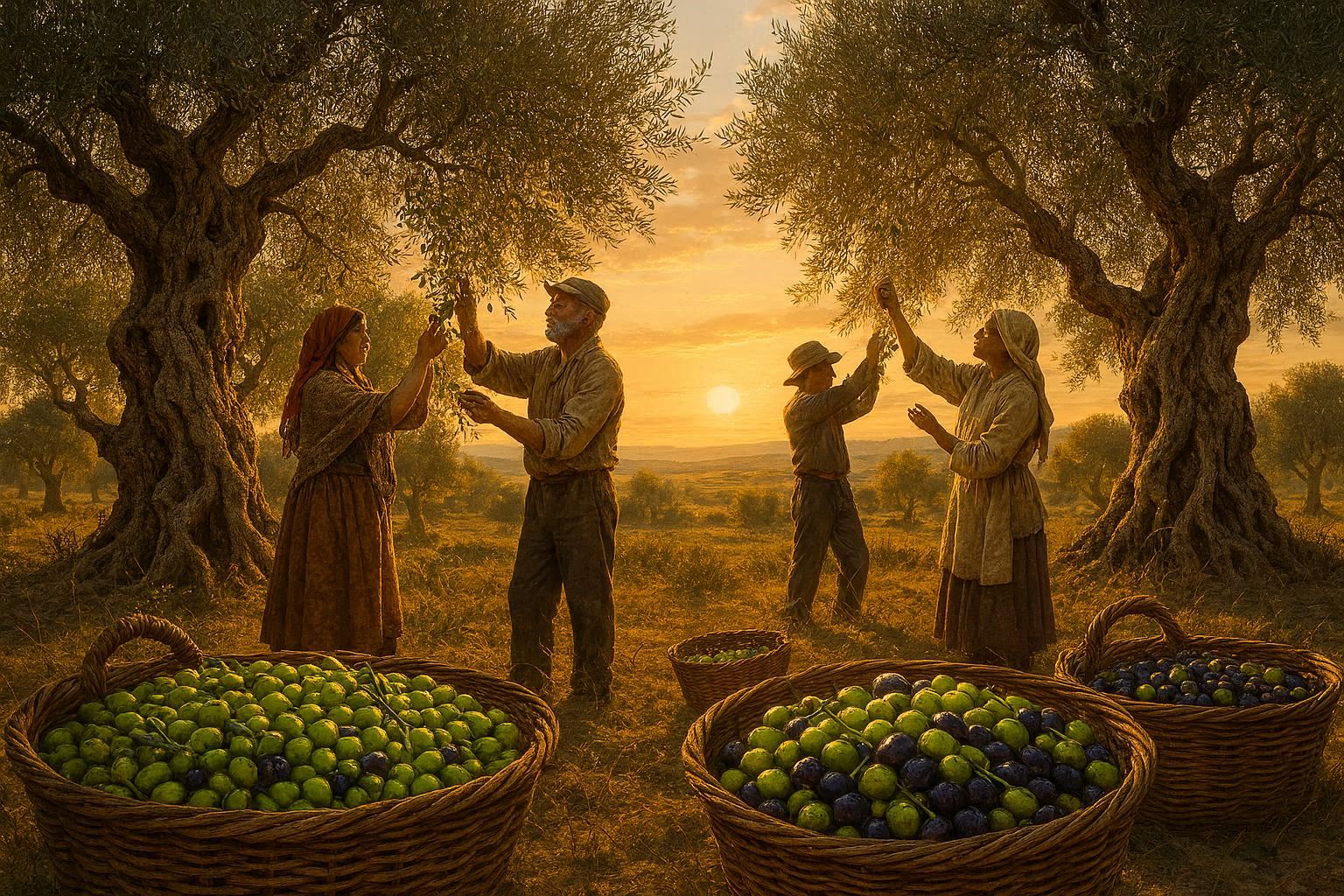 Olive harvest in Loukkos valley just before the floods, with baskets of fresh olives.
