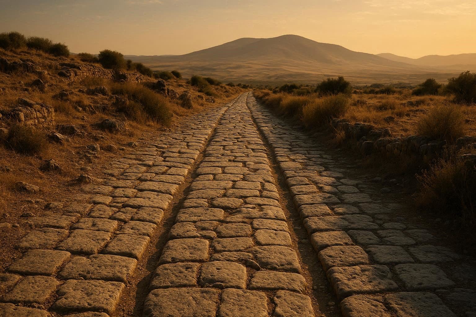 Ancient Roman road near Larache, symbolizing historical continuity and displacement
