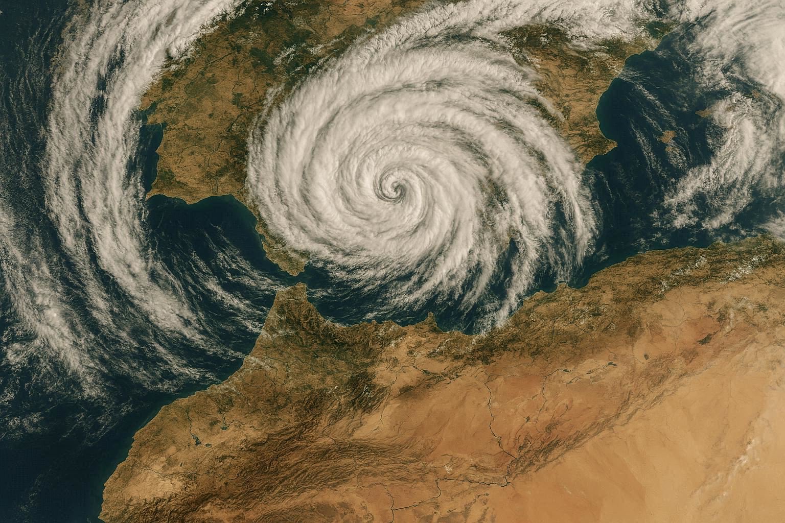 Satellite view showing Storm Leonardo over both Morocco and Spain