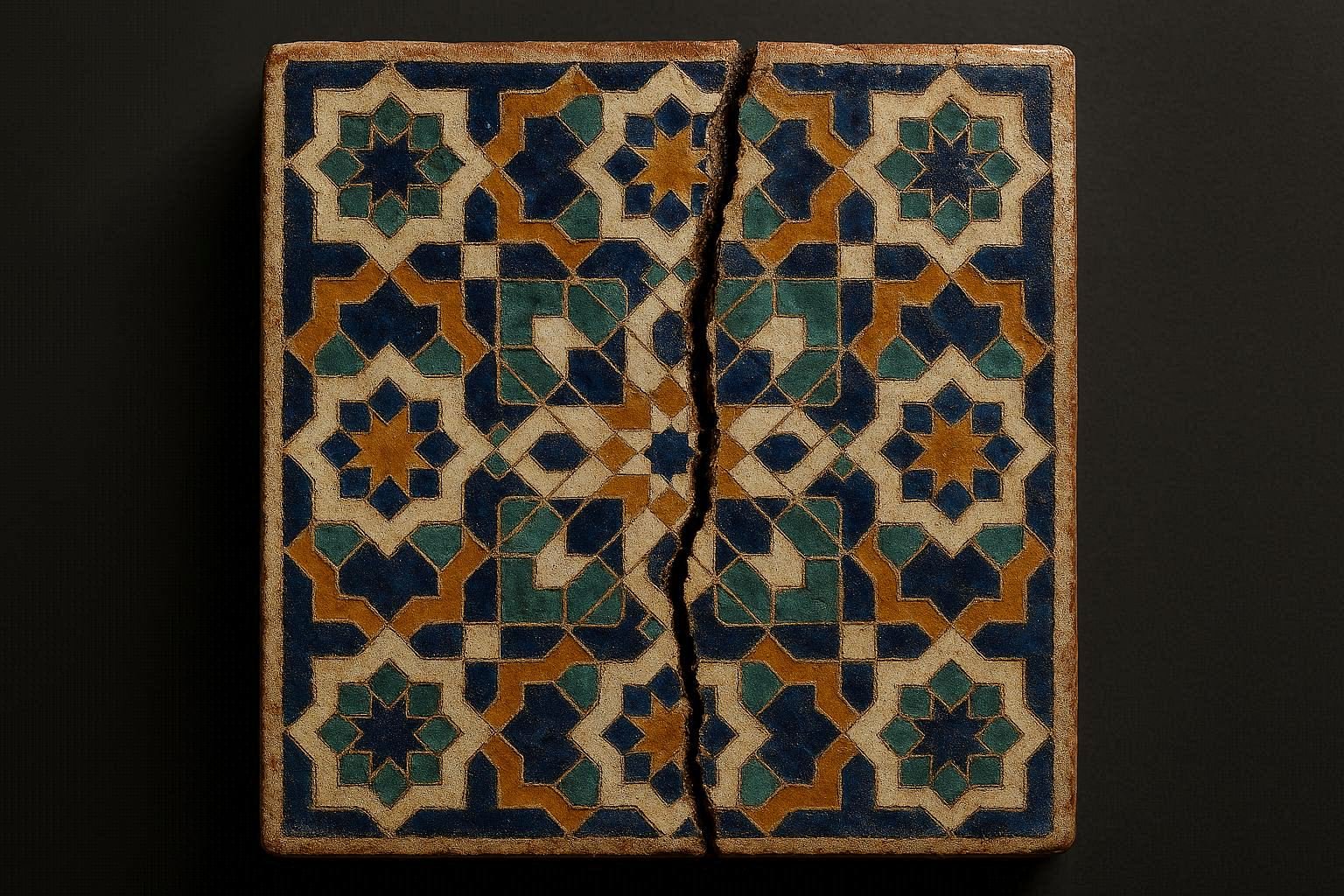 A single, beautifully geometric Moroccan zellige tile with a jagged, unfixable crack running through the center.