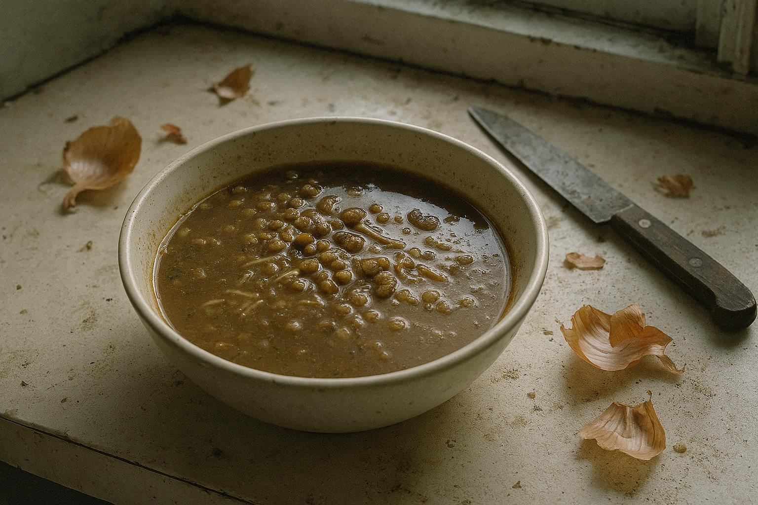 A bowl of poorly cooked Moroccan harira soup with uneven lentils, on a messy kitchen counter.