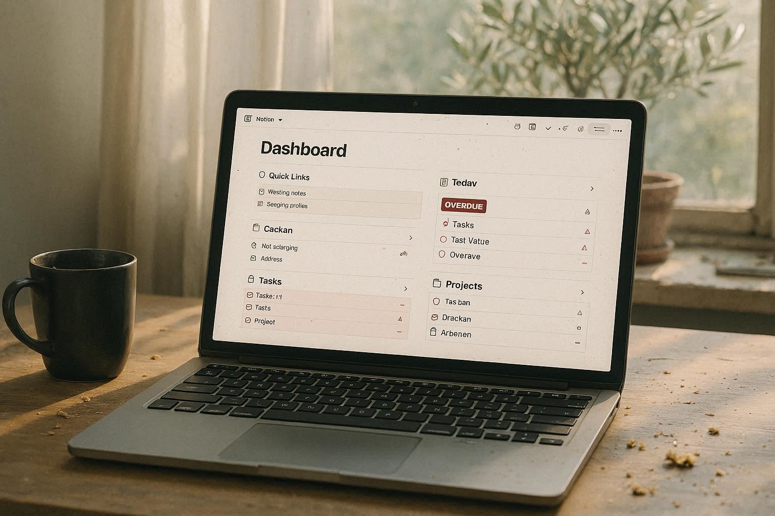 A laptop screen showing a Notion dashboard with red alerts and overdue tasks, on a messy desk.