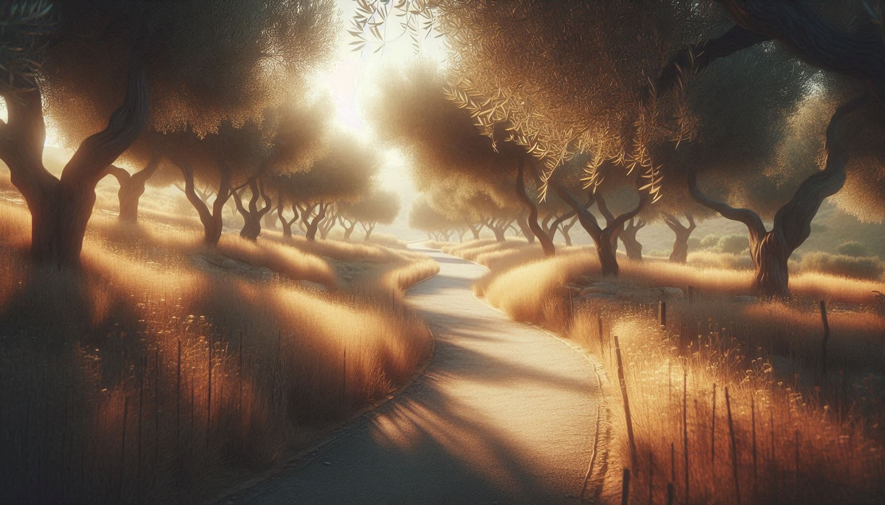 Sun-dappled path through ancient olive grove symbolizing intentional pauses in design