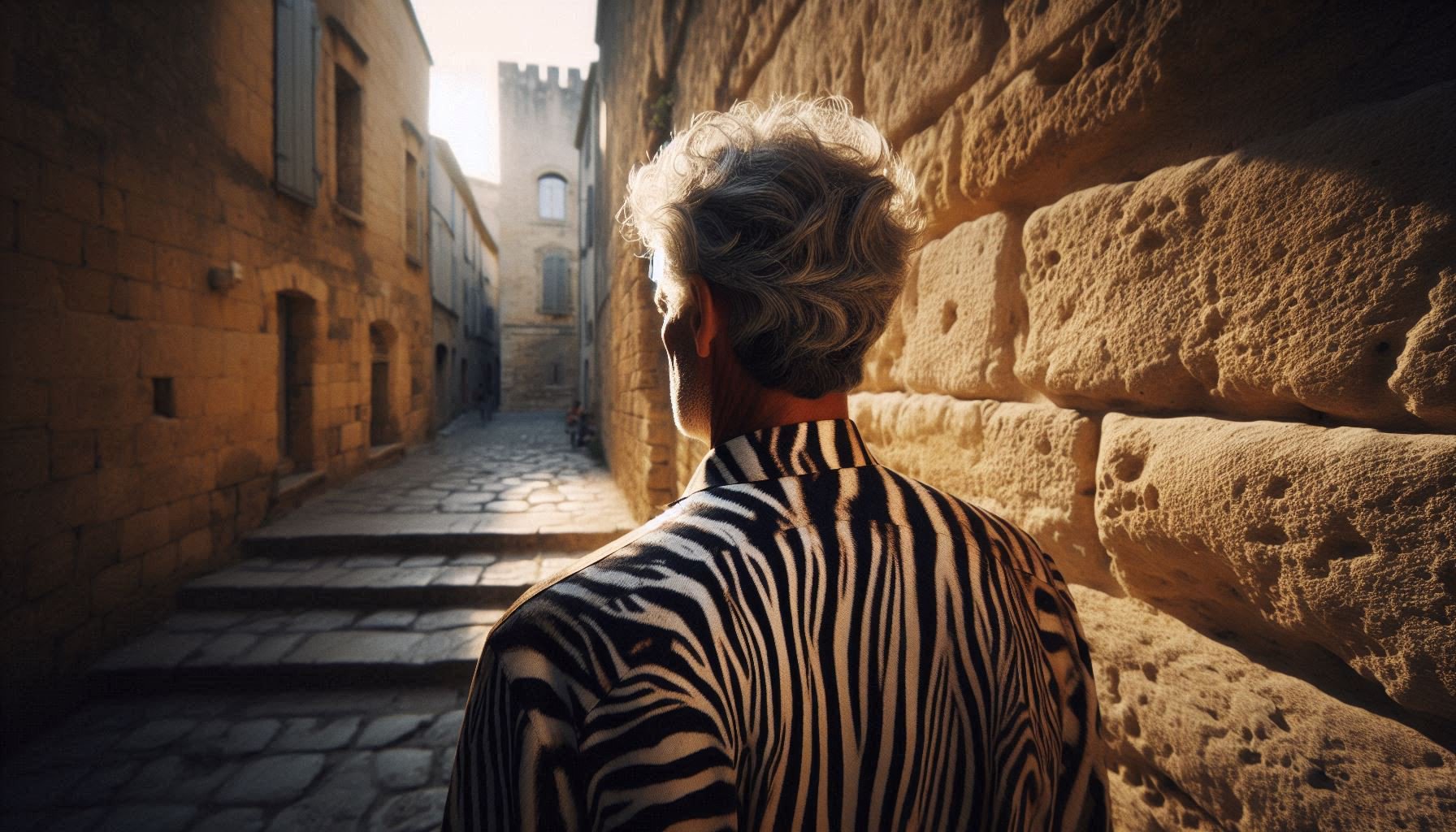 Black and white photo of Salah Nomad wearing zebra-striped shirt in Arles, captured by Pieter Monsma in 2016