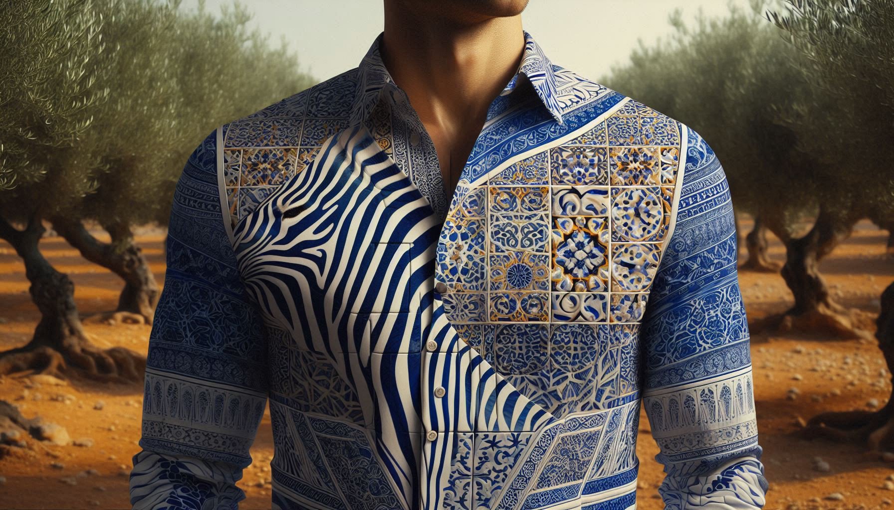 Salah Nomad's iconic zebra shirt creatively merged with intricate Moroccan zellige tile patterns, symbolizing the fusion of personal identity and cultural design principles in UX.
