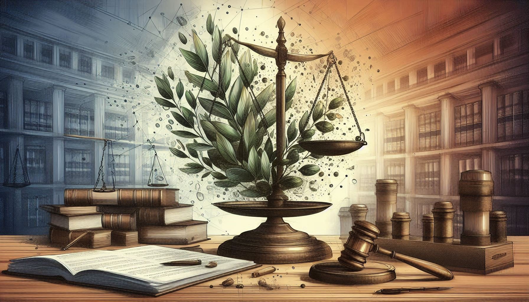 Scales of justice adorned with olive branches, alongside legal books and a gavel, symbolizing the balance of rights and responsibilities for Salah Nomad's website terms.