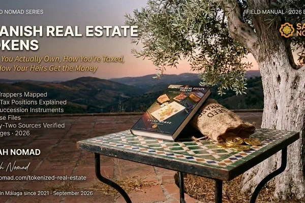 A hardcover book titled Spanish Real Estate Tokens rests on an Andalusian table of zellige tile and wrought iron beneath a wild olive tree. A jute sack stencilled SEED PHRASE leans against the book, spilling polished gold Bitcoin coins onto the tile surface. Late afternoon light rakes across the scene from the left.