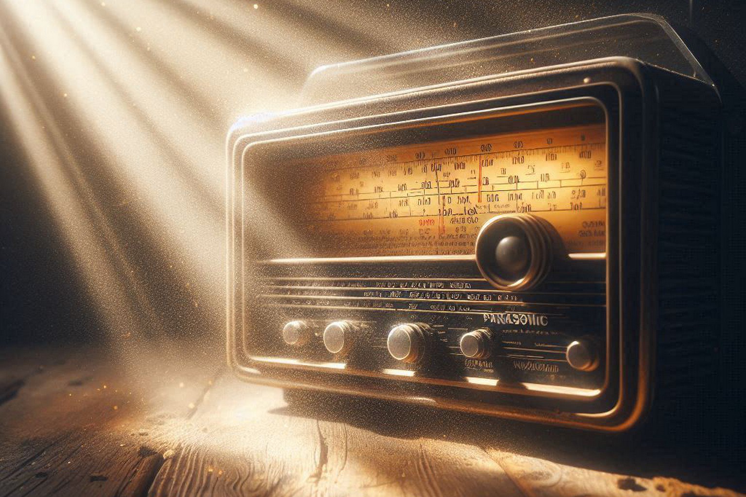 A vintage National Panasonic R-441B shortwave radio on a wooden desk, with ethereal light beams emanating from its speaker, symbolizing the birth of a digital ethic from analog scarcity.
