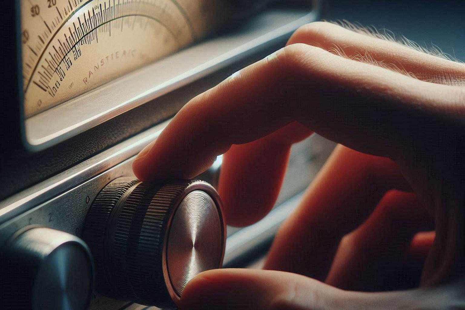 Hand fine-tuning vintage radio dial, symbolizing earned connection in Analog API