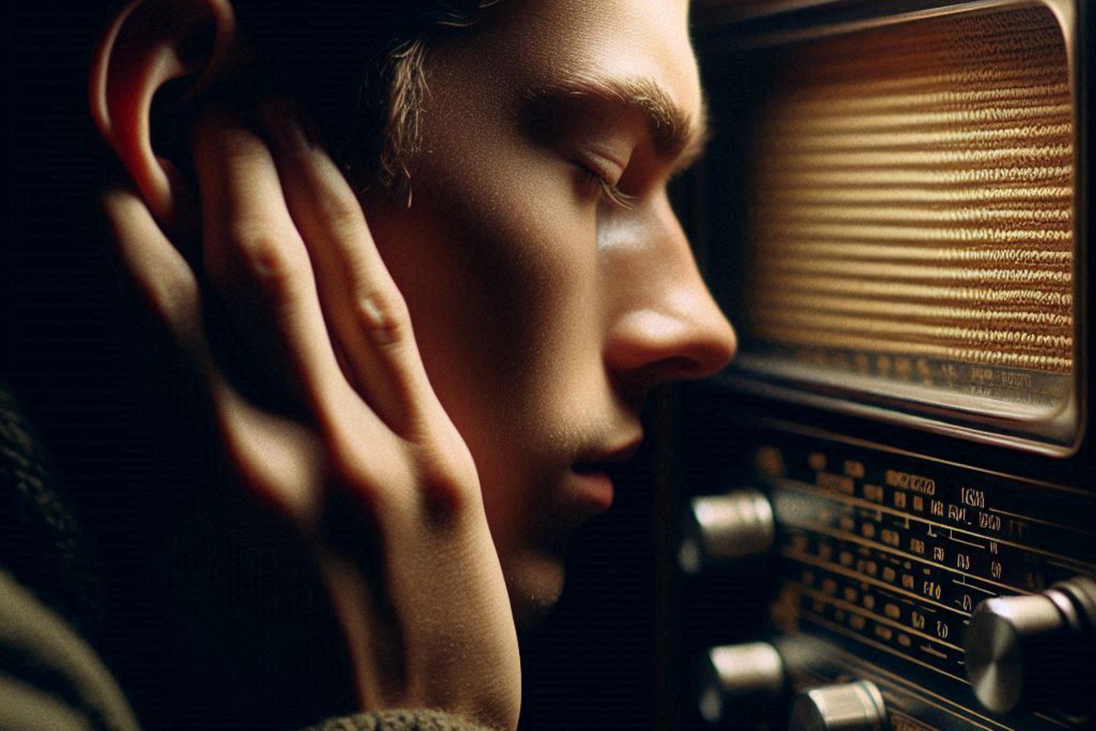 Person listening intently to radio speaker, symbolizing active filtering