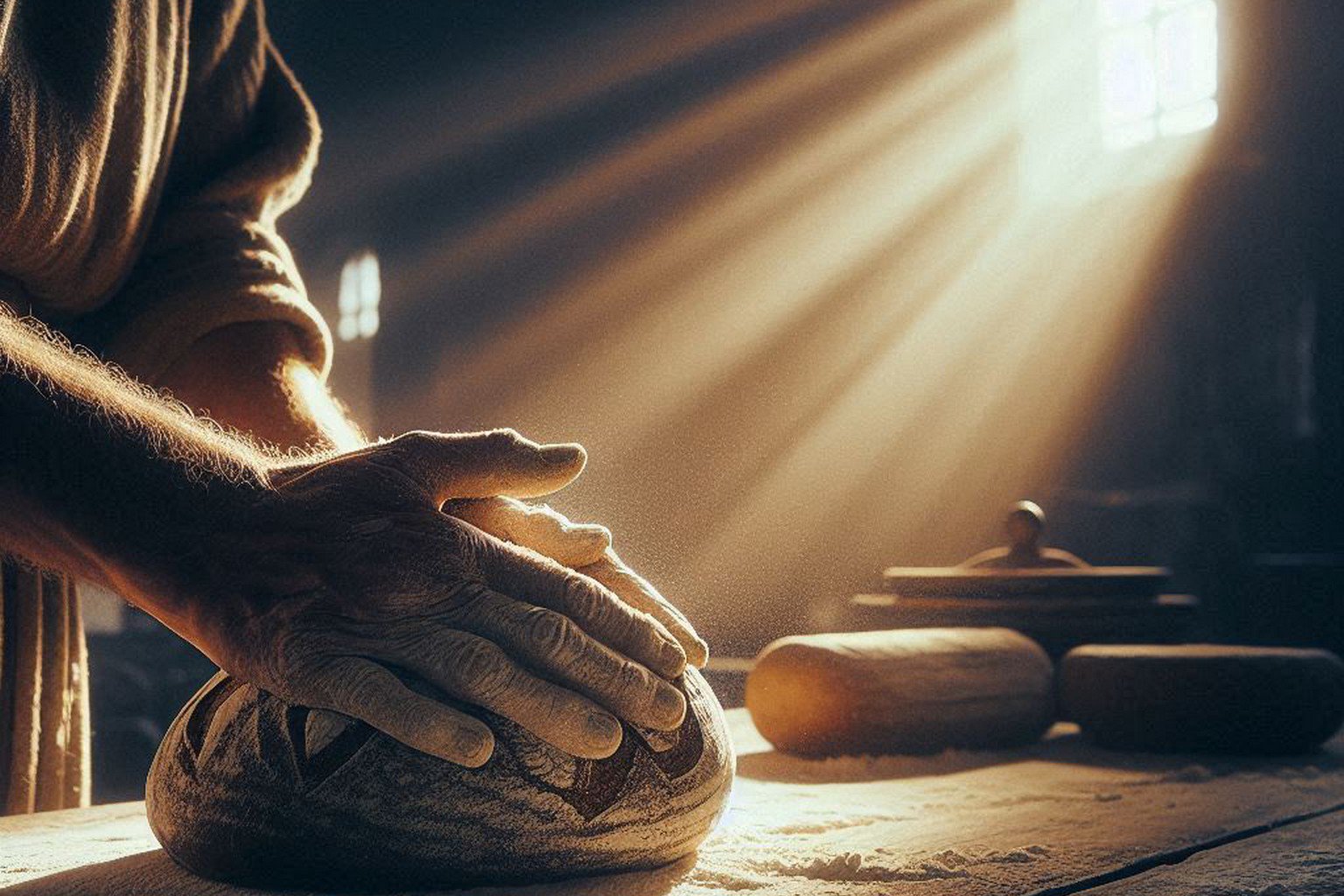 Traditional baker's hands working with dough in early morning light, symbolizing focused deep work rituals and productive flow states