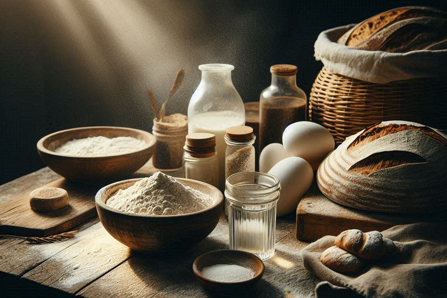 Ingredients for bread meticulously arranged on a wooden table in a bakery, symbolizing the Sacred Silence phase