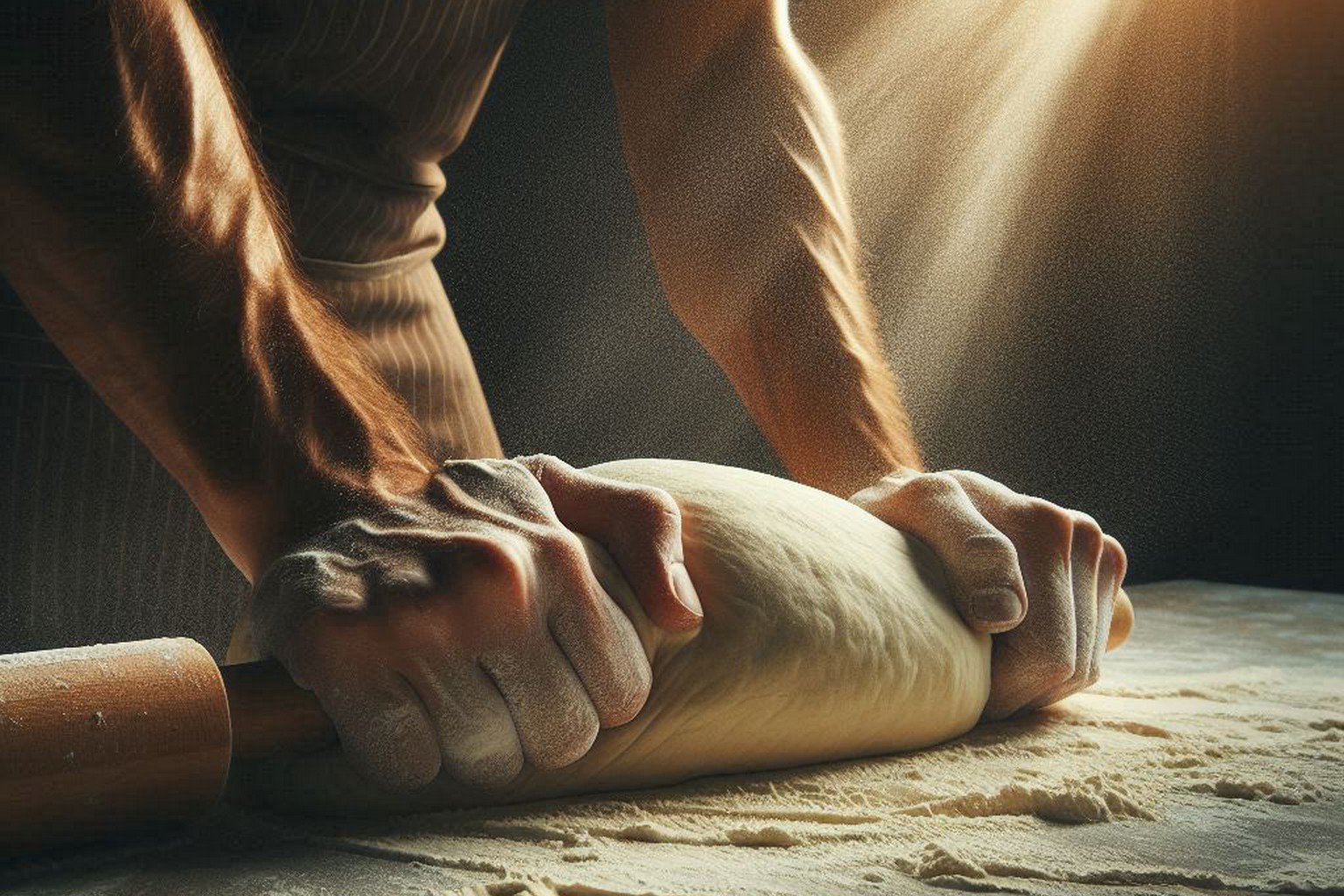A baker's hands energetically kneading dough, representing the Creative Dance phase