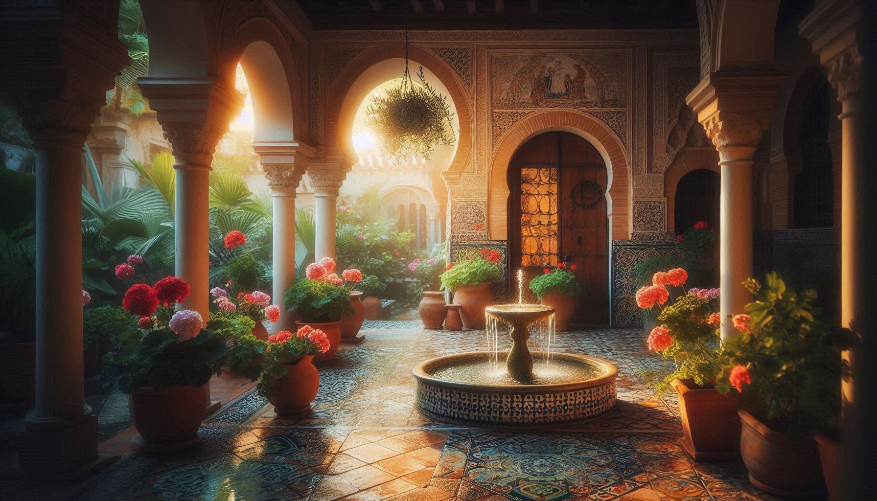 Andalusian patio with geraniums and fountain symbolizing trust oasis