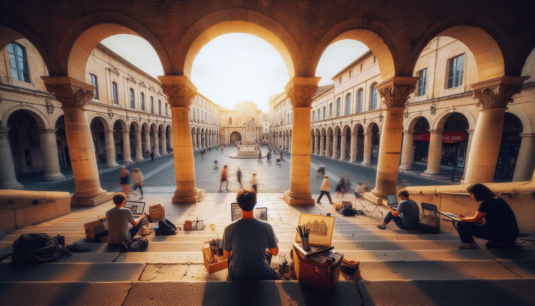Café terrace at iconic Café Van Gogh in Arles with Roman columns in background