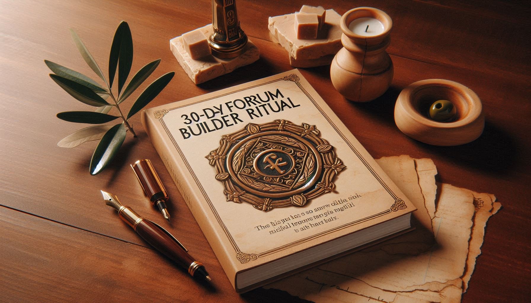 Handcrafted PDF titled '30-Day Forum Builder Ritual' on wooden table with fountain pen