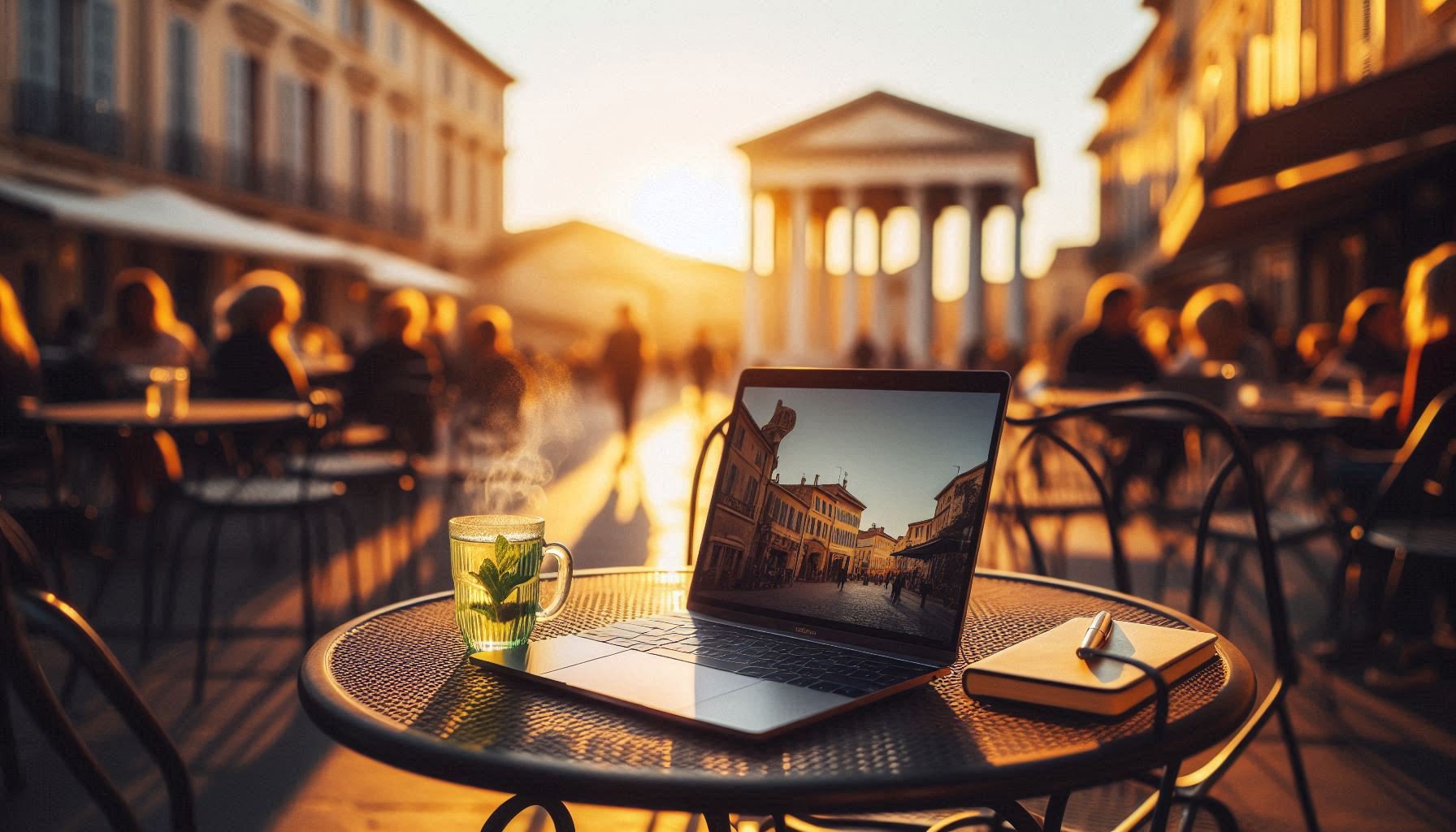 A closed MacBook on a café table at Place du Forum, Arles, with steaming mint tea and handwritten notes under golden hour lighting.
