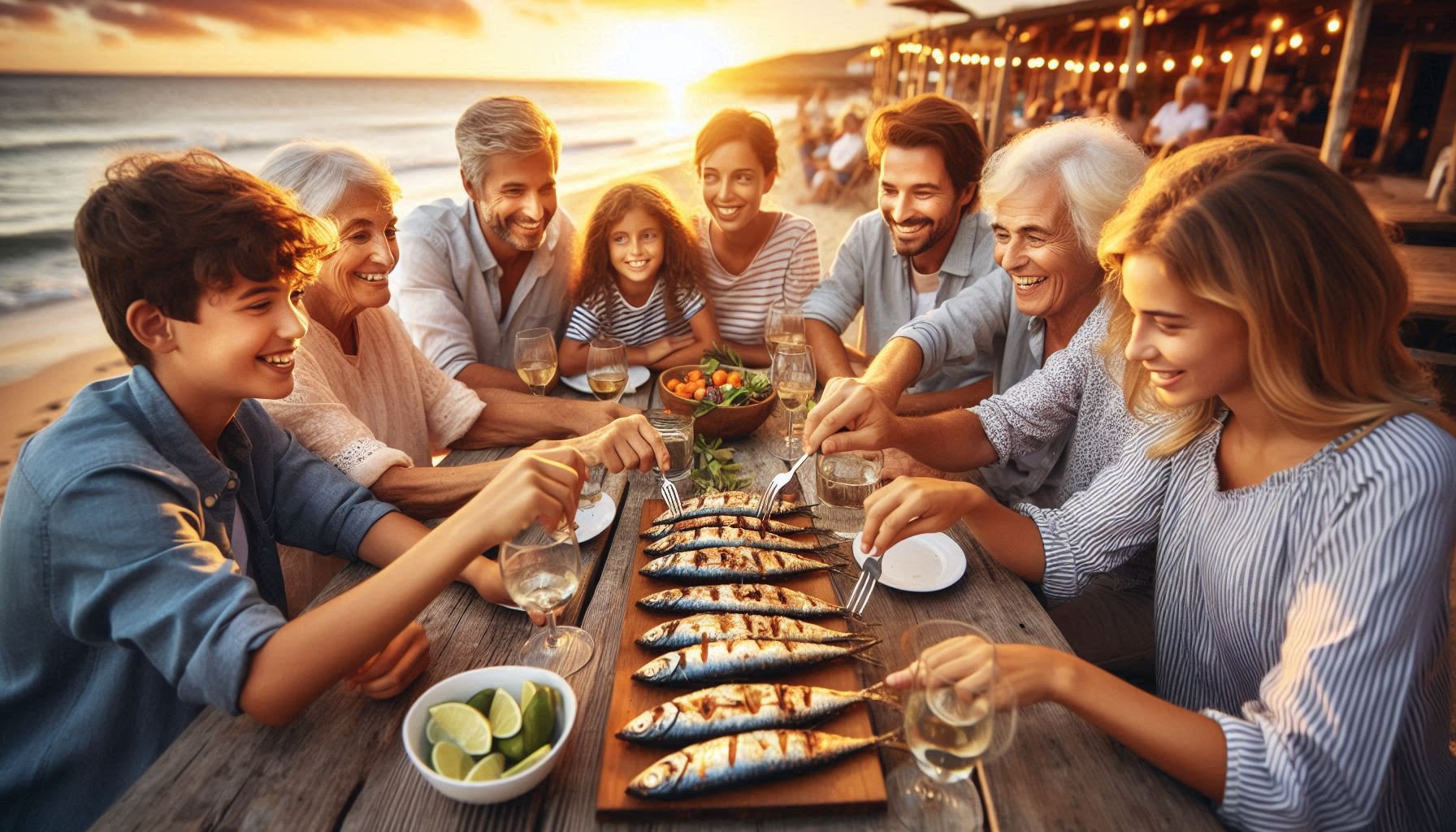 Multi-generational group sharing espetos—the way my family shares stories in Ksar El-Kébir