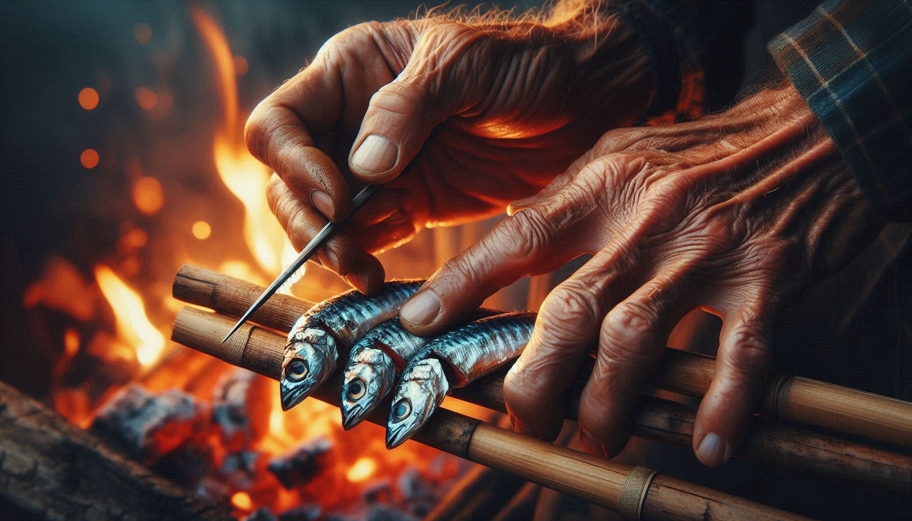 Close-up of weathered hands expertly skewering sardines—hands that remember what our minds have forgotten