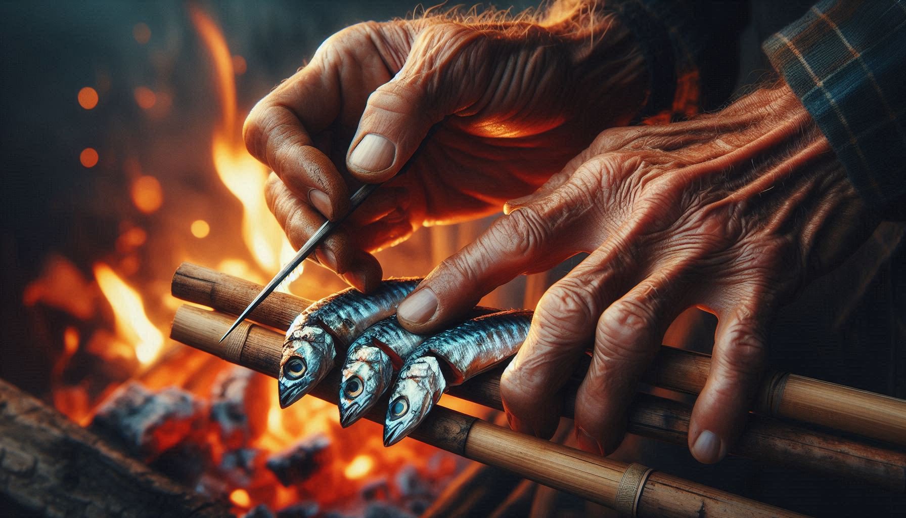 Close-up of weathered hands expertly skewering sardines—hands that remember what our minds have forgotten