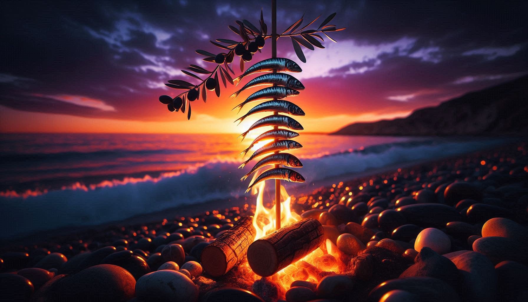 Freshly grilled espeto de sardinas on a skewer, silhouetted against a vibrant Málaga sunset over the Mediterranean sea, symbolizing slow work and local rituals.