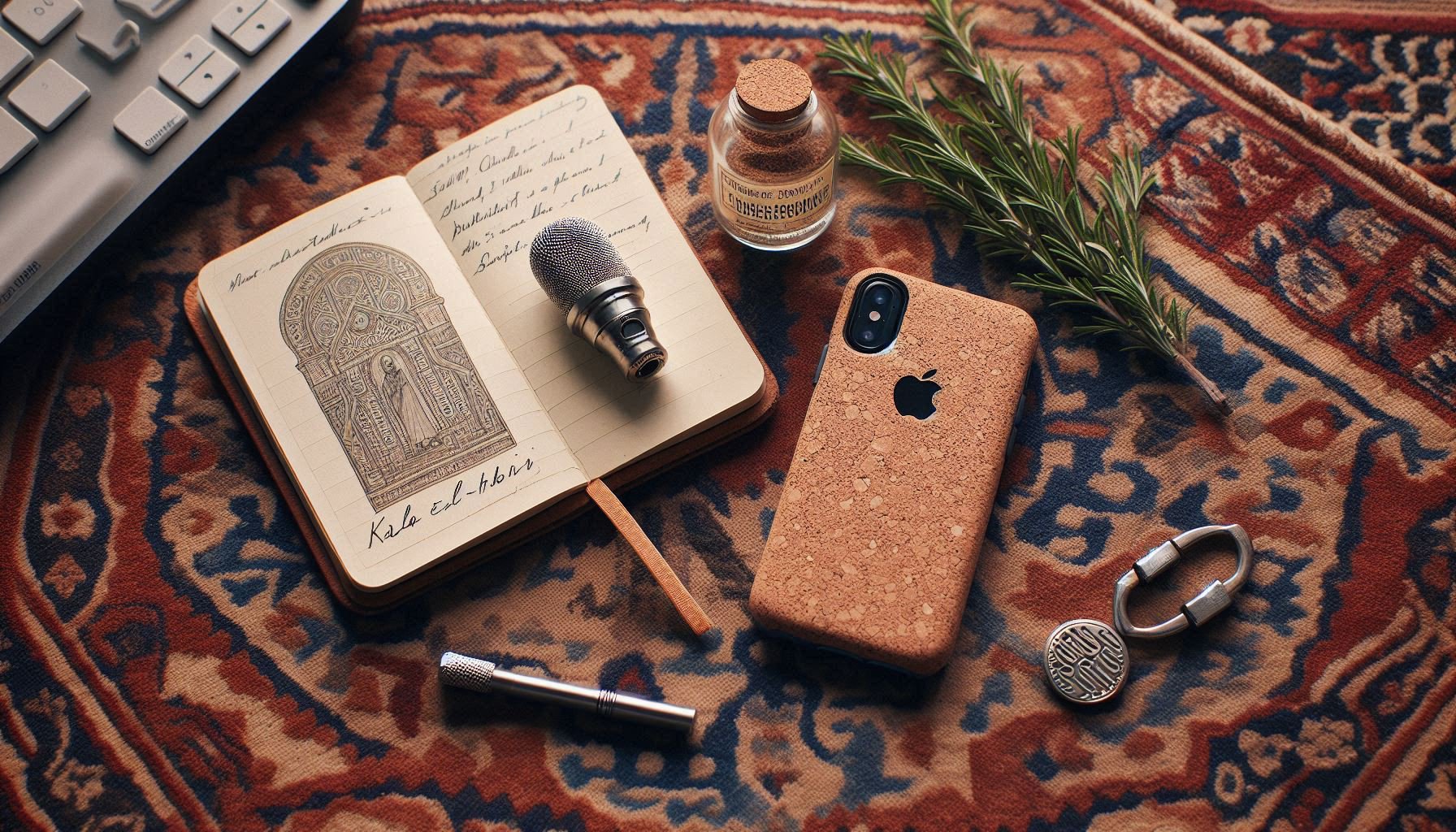 Rooted nomad minimalist tech toolkit: iPhone, cork-back compass, Ksar El-Kébir soil vial, grandmother's thimble on Moroccan textile