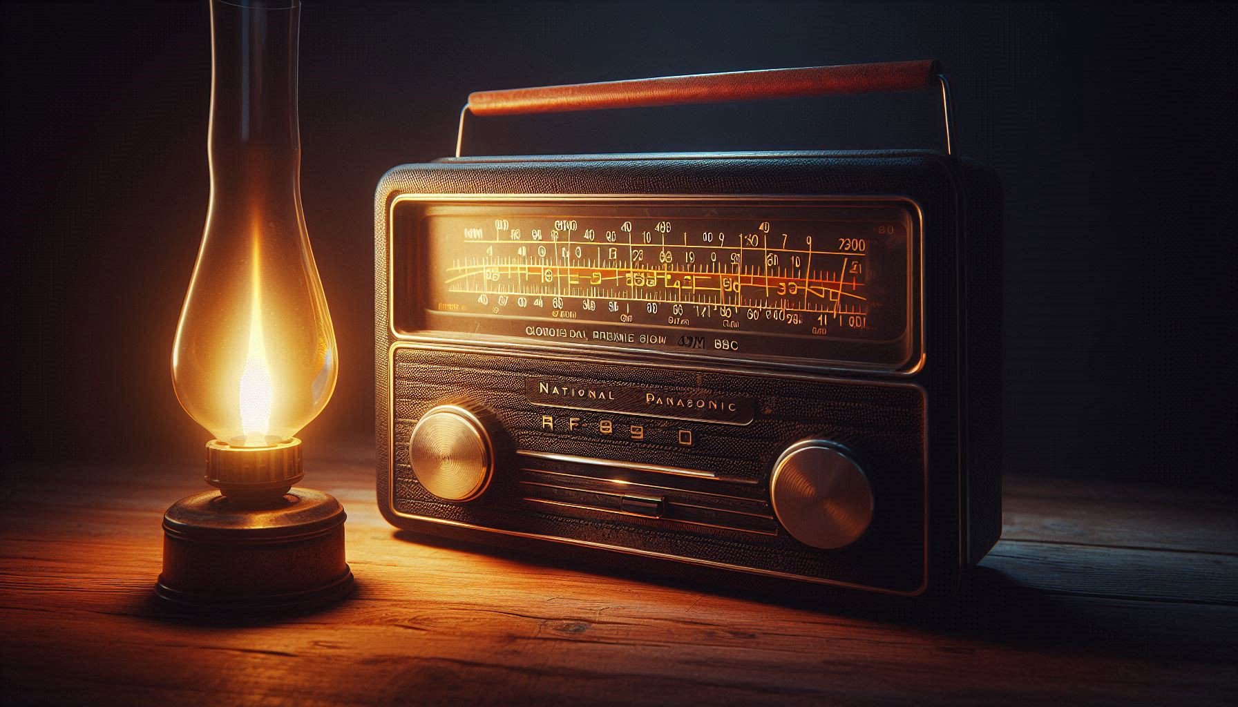 1980s National Panasonic shortwave radio in warm light tuning BBC frequency, symbol of intentional connection