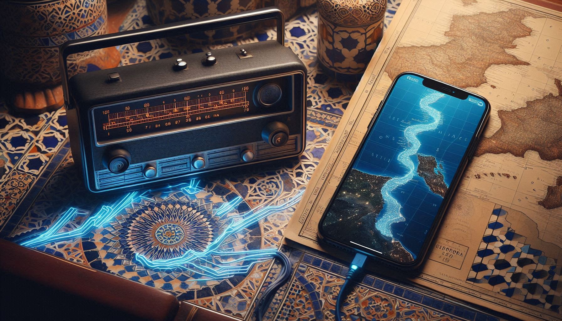 Rooted nomad tech evolution: vintage radio to iPhone connected by Moroccan zellige pattern over Mediterranean sea map