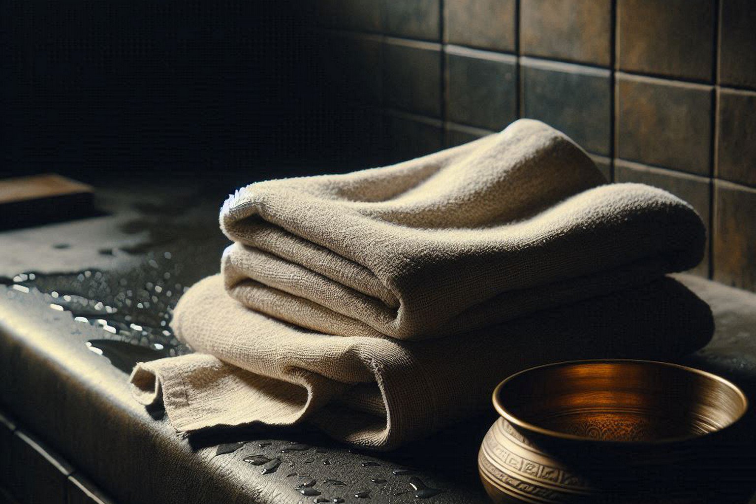 Simple towel and brass bowl on stone bench, symbolizing the Threshold of Equality in Hammam Principle
