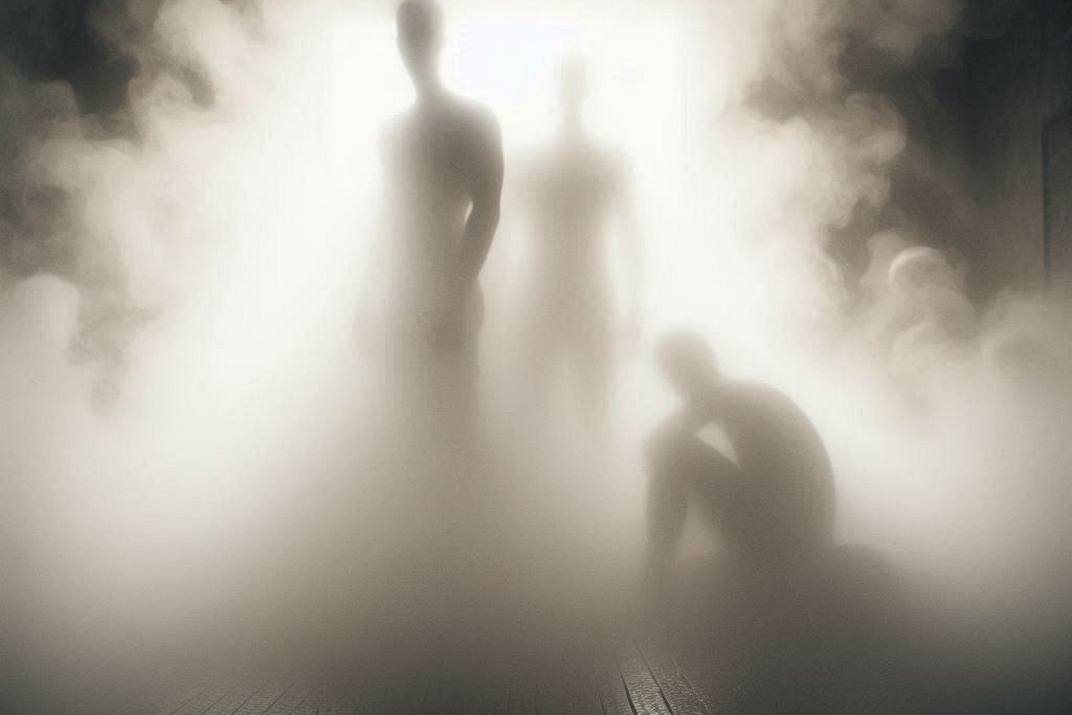 Anonymous silhouettes visible through thick steam, representing Crucible of Shared Vulnerability