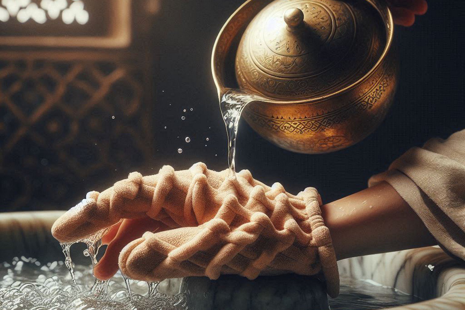 Traditional exfoliating glove and brass water bowl, symbolizing Ritual of Reciprocity
