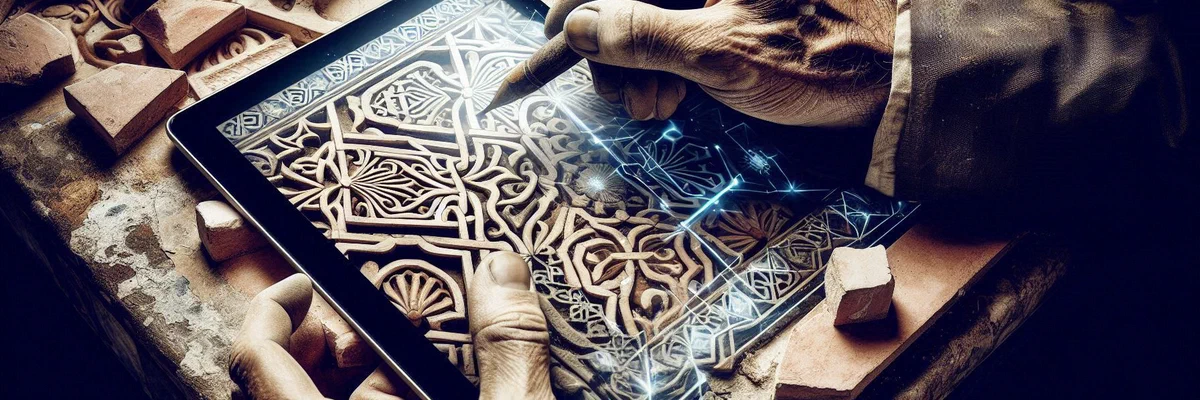 A conceptual image for 'Work & Productivity': the weathered hands of an artisan carving a zellige tile that seamlessly transforms into a perfectly organized digital interface.