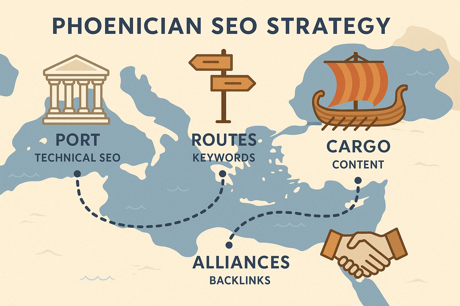 Infographic showing Phoenician SEO Funnel: Port to Alliances via ancient trade routes