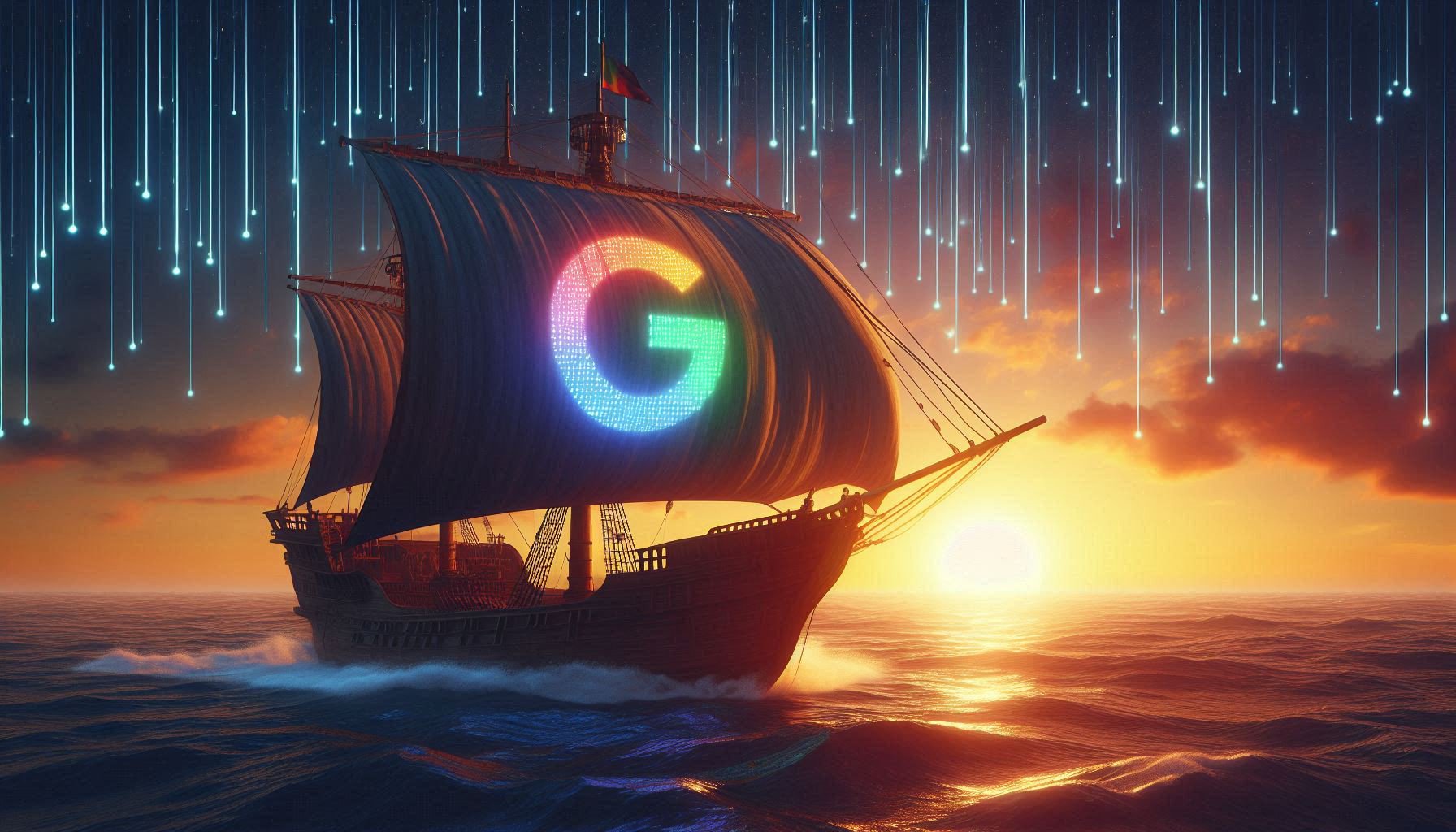 Majestic Phoenician trading ship navigating digital sea of data streams with Google-shaped constellation, symbolizing ancient wisdom guiding modern SEO