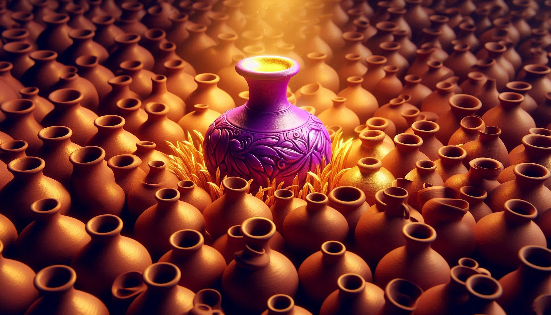 Single vibrant purple amphora standing out among identical brown clay pots, symbolizing exceptionally valuable content