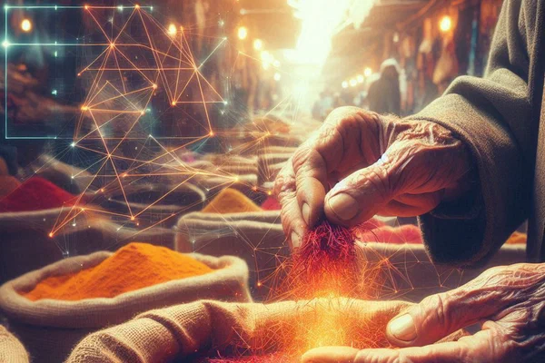 Elderly Moroccan spice merchant's hands scooping saffron with Google search patterns overlaid, symbolizing ancient wisdom meeting modern SEO