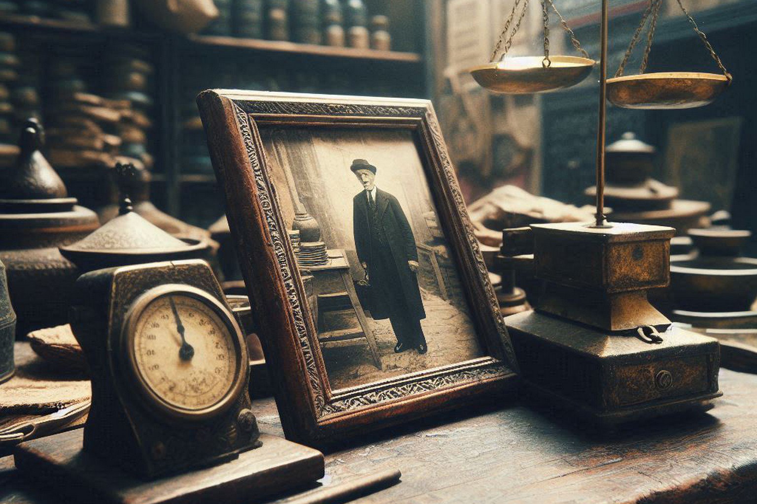 Historic souk stall countertop with merchant's grandfather photo, symbolizing authentic experience