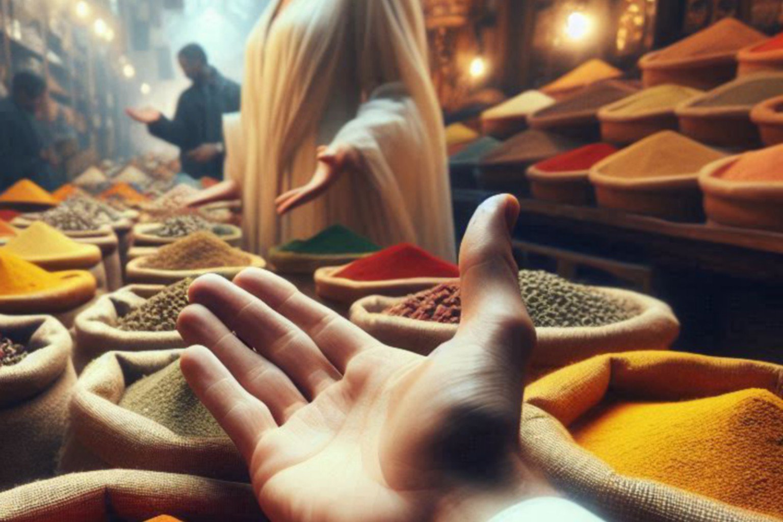 Open sacks of colorful spices in MeknĂšs market, representing generous expertise