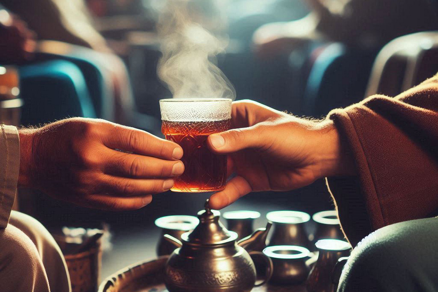 Merchant and customer sharing mint tea, symbolizing relationship-building